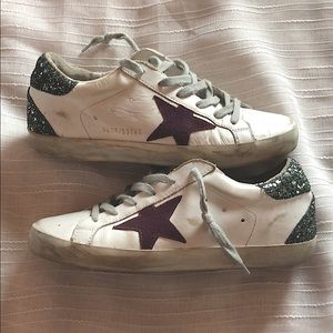 White super-star sneakers with glittery green rear